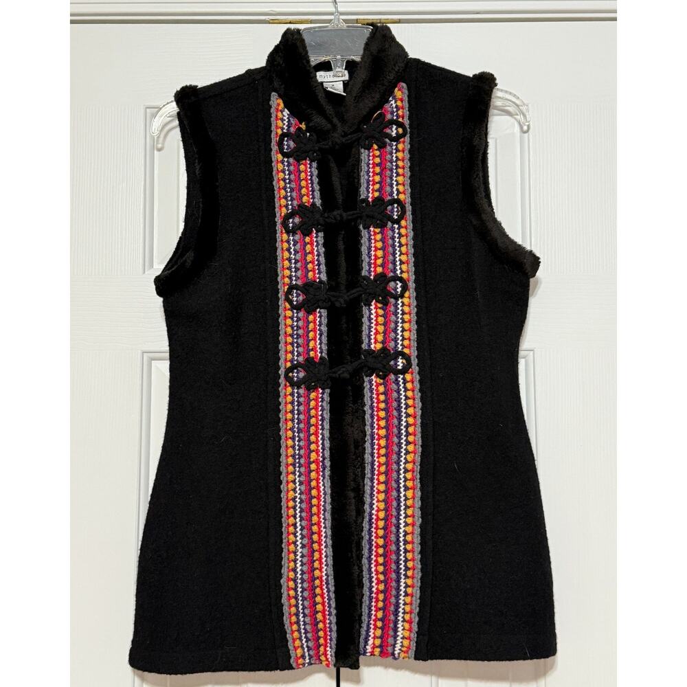 Boho Mythology Black Wool Vest with Embroidered Trim, Size M
